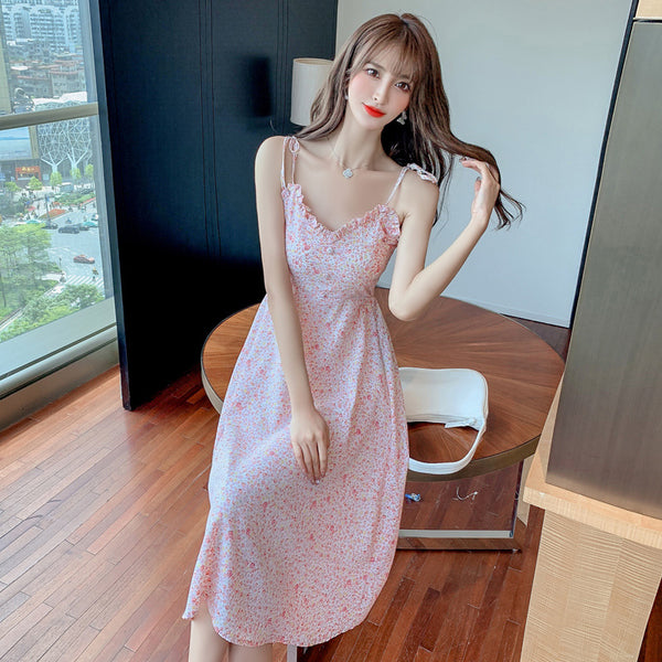 Sweet Women Cosy Floral Pattern Floral Printed Spaghetti Bow Strap Sleeveless Ruffle V Neck A Line Dress
