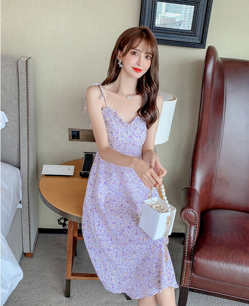Sweet Women Cosy Floral Pattern Floral Printed Spaghetti Bow Strap Sleeveless Ruffle V Neck A Line Dress