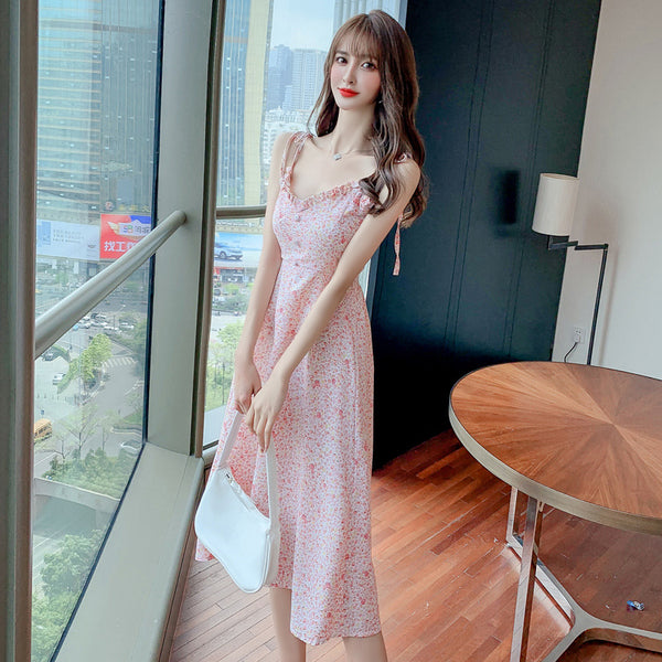 Sweet Women Cosy Floral Pattern Floral Printed Spaghetti Bow Strap Sleeveless Ruffle V Neck A Line Dress