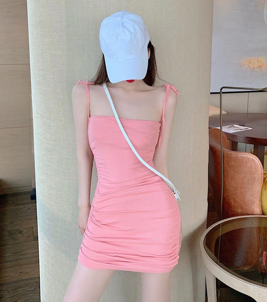Retro Attractive Chic Sexy Women Camisole Spaghetti Bow Strap High Waist Pleated Bodycon Dress