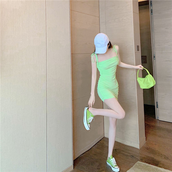 Retro Attractive Chic Sexy Women Camisole Spaghetti Bow Strap High Waist Pleated Bodycon Dress