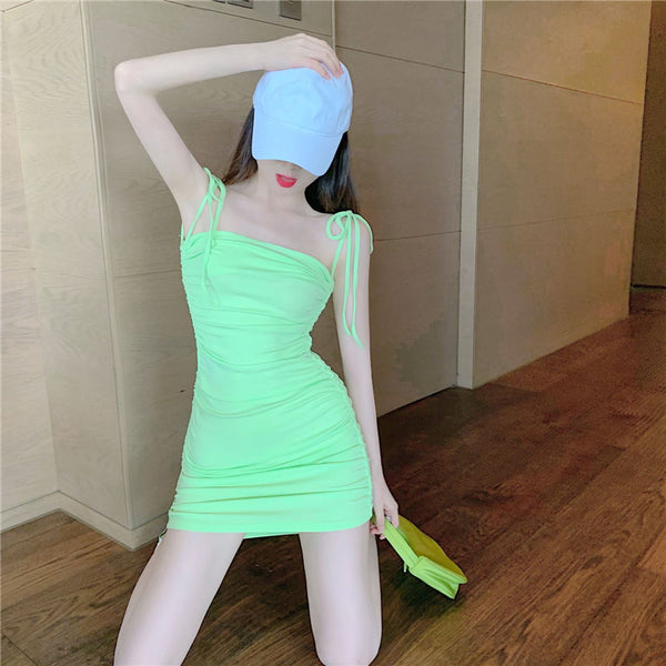 Retro Attractive Chic Sexy Women Camisole Spaghetti Bow Strap High Waist Pleated Bodycon Dress