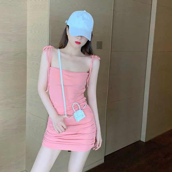 Retro Attractive Chic Sexy Women Camisole Spaghetti Bow Strap High Waist Pleated Bodycon Dress