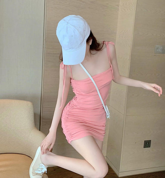 Retro Attractive Chic Sexy Women Camisole Spaghetti Bow Strap High Waist Pleated Bodycon Dress