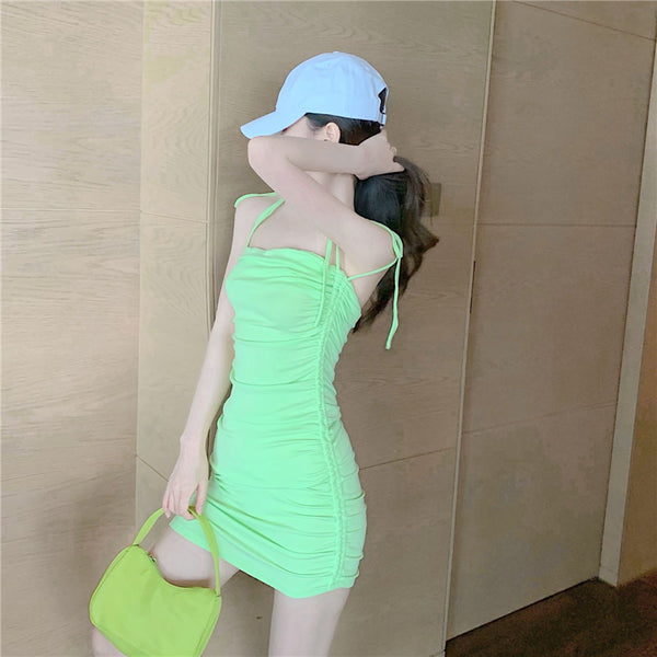 Retro Attractive Chic Sexy Women Camisole Spaghetti Bow Strap High Waist Pleated Bodycon Dress