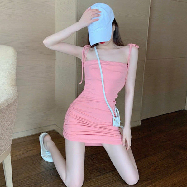 Retro Attractive Chic Sexy Women Camisole Spaghetti Bow Strap High Waist Pleated Bodycon Dress