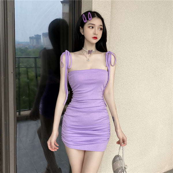 Retro Attractive Chic Sexy Women Camisole Spaghetti Bow Strap High Waist Pleated Bodycon Dress