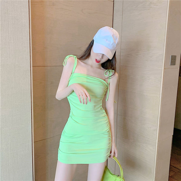 Retro Attractive Chic Sexy Women Camisole Spaghetti Bow Strap High Waist Pleated Bodycon Dress
