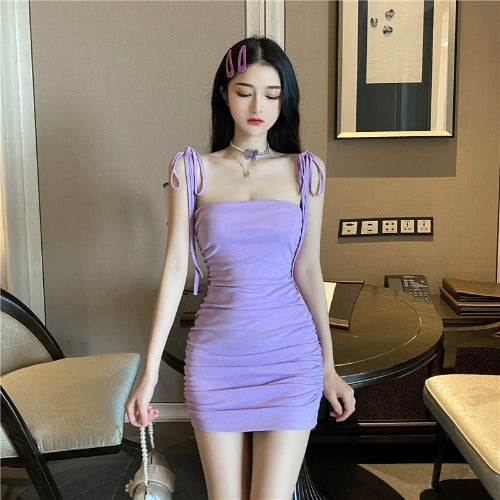 Retro Attractive Chic Sexy Women Camisole Spaghetti Bow Strap High Waist Pleated Bodycon Dress