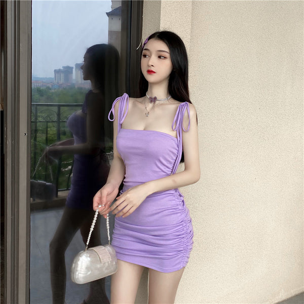 Retro Attractive Chic Sexy Women Camisole Spaghetti Bow Strap High Waist Pleated Bodycon Dress