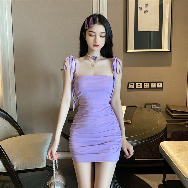 Retro Attractive Chic Sexy Women Camisole Spaghetti Bow Strap High Waist Pleated Bodycon Dress