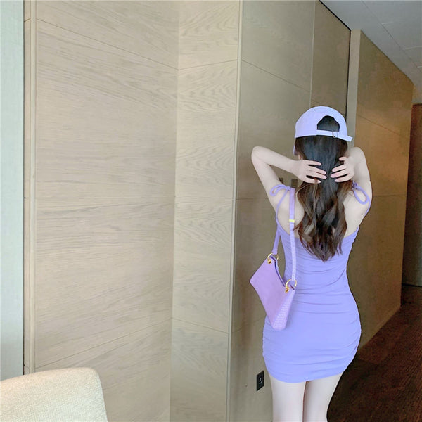 Retro Attractive Chic Sexy Women Camisole Spaghetti Bow Strap High Waist Pleated Bodycon Dress