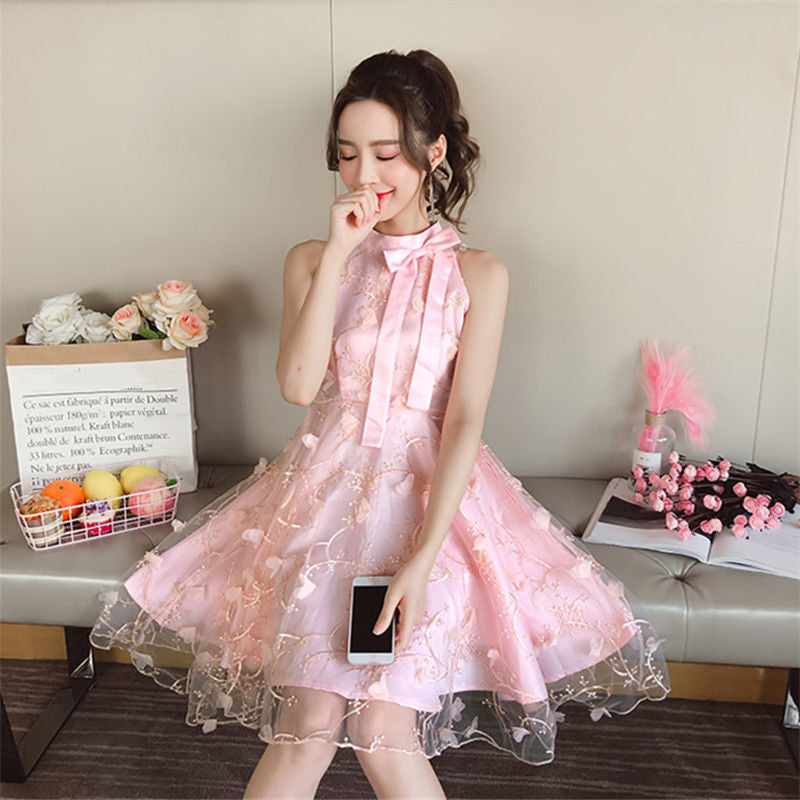 Sweet Princess Fairy Women Floral Embroidery High Waist Neck Bow Mesh Pleated Tutu A Line Dress