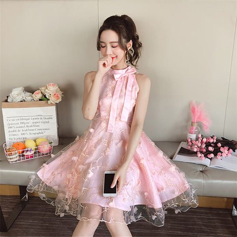 Sweet Princess Fairy Women Floral Embroidery High Waist Neck Bow Mesh Pleated Tutu A Line Dress