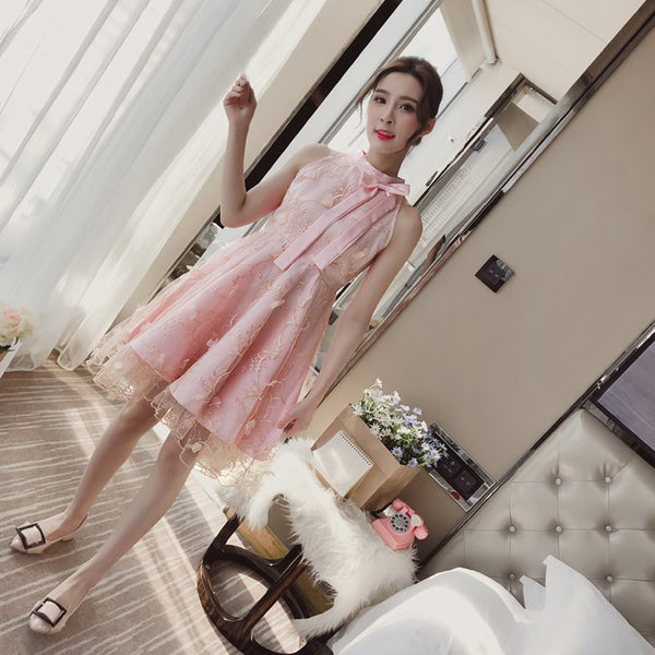 Sweet Princess Fairy Women Floral Embroidery High Waist Neck Bow Mesh Pleated Tutu A Line Dress