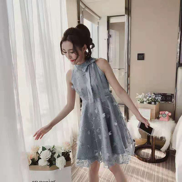 Sweet Princess Fairy Women Floral Embroidery High Waist Neck Bow Mesh Pleated Tutu A Line Dress