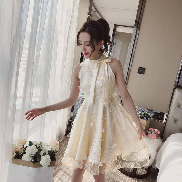 Sweet Princess Fairy Women Floral Embroidery High Waist Neck Bow Mesh Pleated Tutu A Line Dress