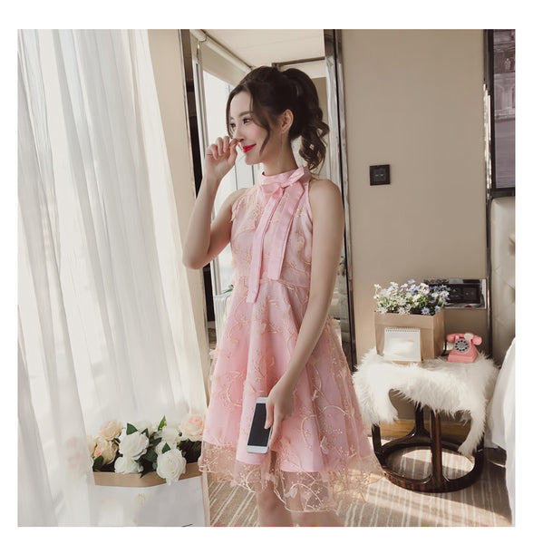 Sweet Princess Fairy Women Floral Embroidery High Waist Neck Bow Mesh Pleated Tutu A Line Dress