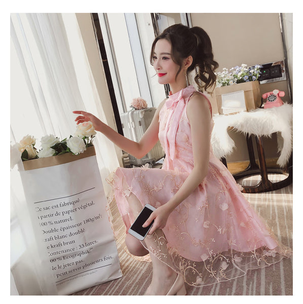 Sweet Princess Fairy Women Floral Embroidery High Waist Neck Bow Mesh Pleated Tutu A Line Dress