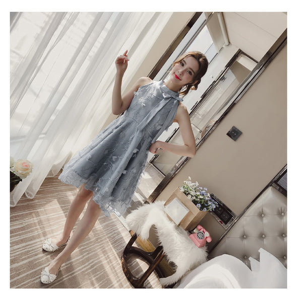 Sweet Princess Fairy Women Floral Embroidery High Waist Neck Bow Mesh Pleated Tutu A Line Dress