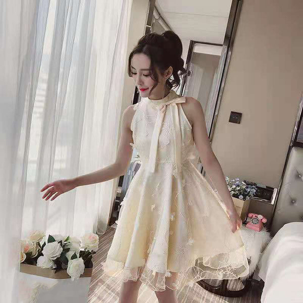 Sweet Princess Fairy Women Floral Embroidery High Waist Neck Bow Mesh Pleated Tutu A Line Dress