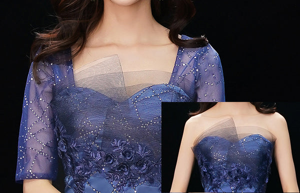 Gorgeous Temperament Women Gradient Royal Blue Color Evening Banquet Tube Top Half Sleeves Ruffle Backless Prom Dress