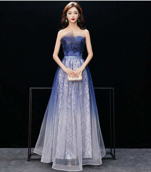 Gorgeous Temperament Women Gradient Royal Blue Color Evening Banquet Tube Top Half Sleeves Ruffle Backless Prom Dress