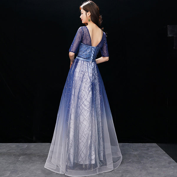 Gorgeous Temperament Women Gradient Royal Blue Color Evening Banquet Tube Top Half Sleeves Ruffle Backless Prom Dress