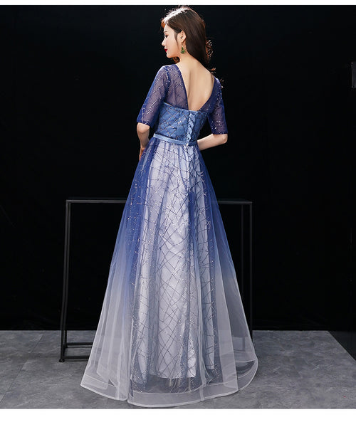 Gorgeous Temperament Women Gradient Royal Blue Color Evening Banquet Tube Top Half Sleeves Ruffle Backless Prom Dress