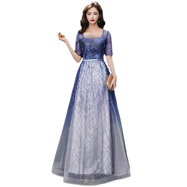 Gorgeous Temperament Women Gradient Royal Blue Color Evening Banquet Tube Top Half Sleeves Ruffle Backless Prom Dress