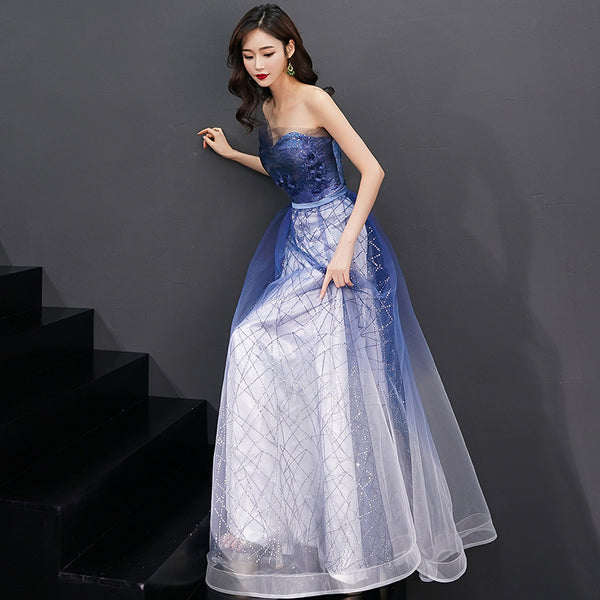 Gorgeous Temperament Women Gradient Royal Blue Color Evening Banquet Tube Top Half Sleeves Ruffle Backless Prom Dress