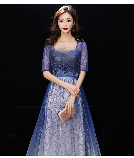 Gorgeous Temperament Women Gradient Royal Blue Color Evening Banquet Tube Top Half Sleeves Ruffle Backless Prom Dress