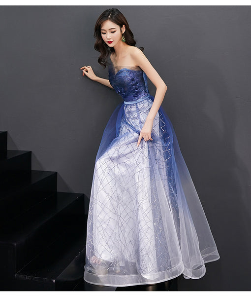 Gorgeous Temperament Women Gradient Royal Blue Color Evening Banquet Tube Top Half Sleeves Ruffle Backless Prom Dress