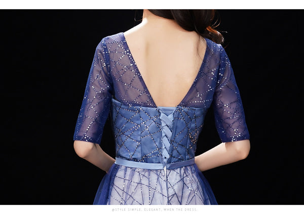 Gorgeous Temperament Women Gradient Royal Blue Color Evening Banquet Tube Top Half Sleeves Ruffle Backless Prom Dress