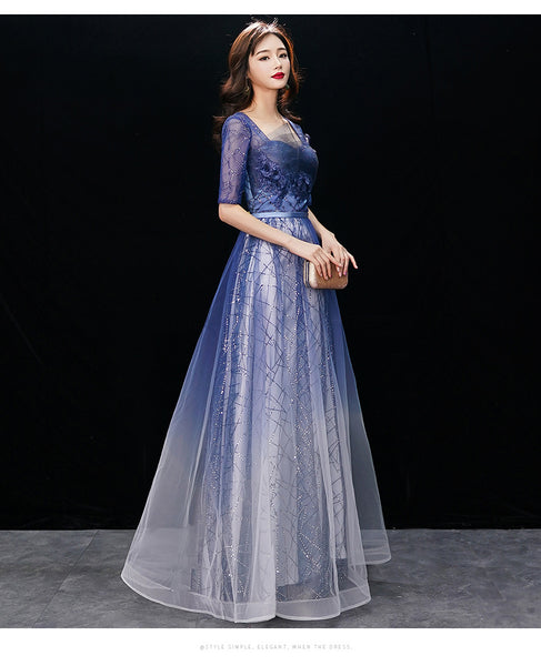 Gorgeous Temperament Women Gradient Royal Blue Color Evening Banquet Tube Top Half Sleeves Ruffle Backless Prom Dress