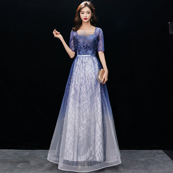 Gorgeous Temperament Women Gradient Royal Blue Color Evening Banquet Tube Top Half Sleeves Ruffle Backless Prom Dress