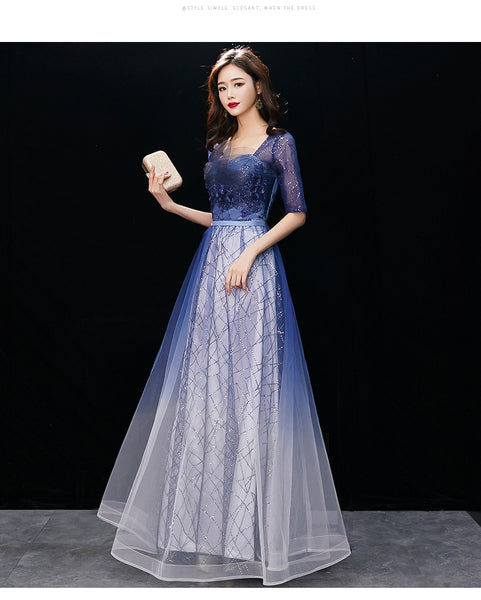 Gorgeous Temperament Women Gradient Royal Blue Color Evening Banquet Tube Top Half Sleeves Ruffle Backless Prom Dress