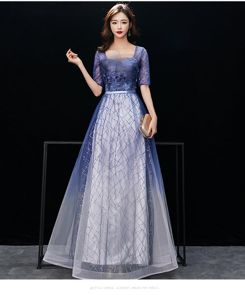 Gorgeous Temperament Women Gradient Royal Blue Color Evening Banquet Tube Top Half Sleeves Ruffle Backless Prom Dress