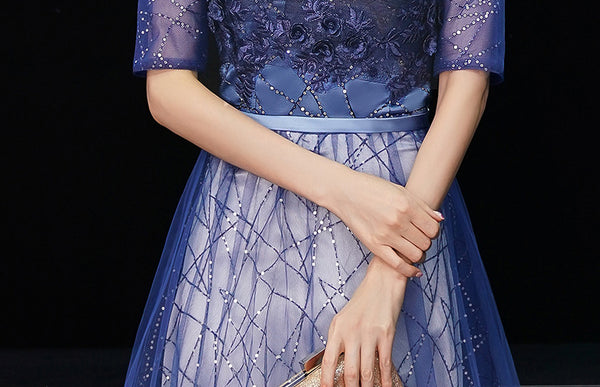 Gorgeous Temperament Women Gradient Royal Blue Color Evening Banquet Tube Top Half Sleeves Ruffle Backless Prom Dress