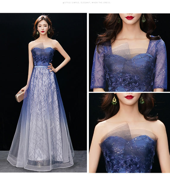 Gorgeous Temperament Women Gradient Royal Blue Color Evening Banquet Tube Top Half Sleeves Ruffle Backless Prom Dress
