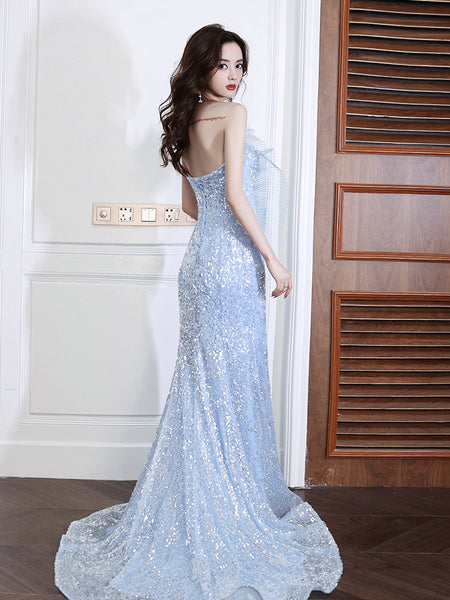 Beautiful Gorgeous Women Blue Banquet Sequin Tube Top Starry tail Sexy Fishtail Evening Prom Mermaid Dress