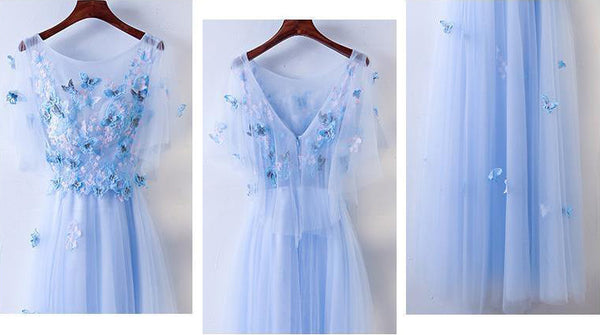 Amazing Gorgeous Pretty Women Butterfly Embroidery Pattern Lace Plus Size Blue Round Neck Flowy Prom Dress