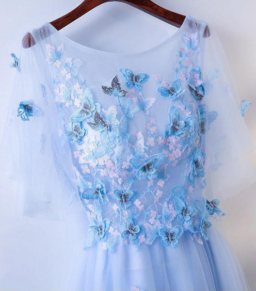 Amazing Gorgeous Pretty Women Butterfly Embroidery Pattern Lace Plus Size Blue Round Neck Flowy Prom Dress