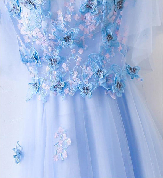 Amazing Gorgeous Pretty Women Butterfly Embroidery Pattern Lace Plus Size Blue Round Neck Flowy Prom Dress