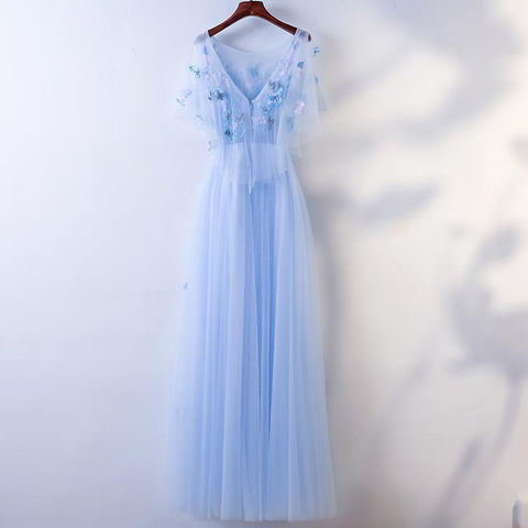 Amazing Gorgeous Pretty Women Butterfly Embroidery Pattern Lace Plus Size Blue Round Neck Flowy Prom Dress