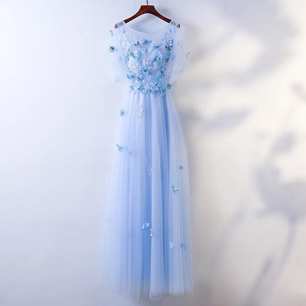 Amazing Gorgeous Pretty Women Butterfly Embroidery Pattern Lace Plus Size Blue Round Neck Flowy Prom Dress