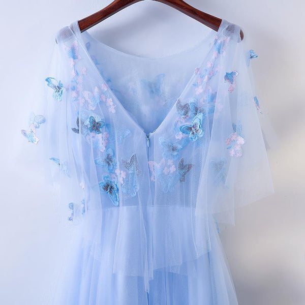 Amazing Gorgeous Pretty Women Butterfly Embroidery Pattern Lace Plus Size Blue Round Neck Flowy Prom Dress