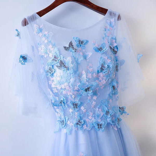 Amazing Gorgeous Pretty Women Butterfly Embroidery Pattern Lace Plus Size Blue Round Neck Flowy Prom Dress