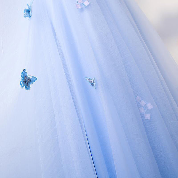 Amazing Gorgeous Pretty Women Butterfly Embroidery Pattern Lace Plus Size Blue Round Neck Flowy Prom Dress