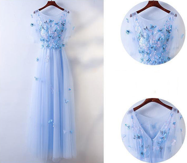 Amazing Gorgeous Pretty Women Butterfly Embroidery Pattern Lace Plus Size Blue Round Neck Flowy Prom Dress